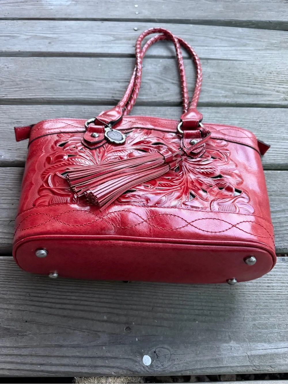 Patricia Nash Red Floral Tooled Full Grain Leather Satchel